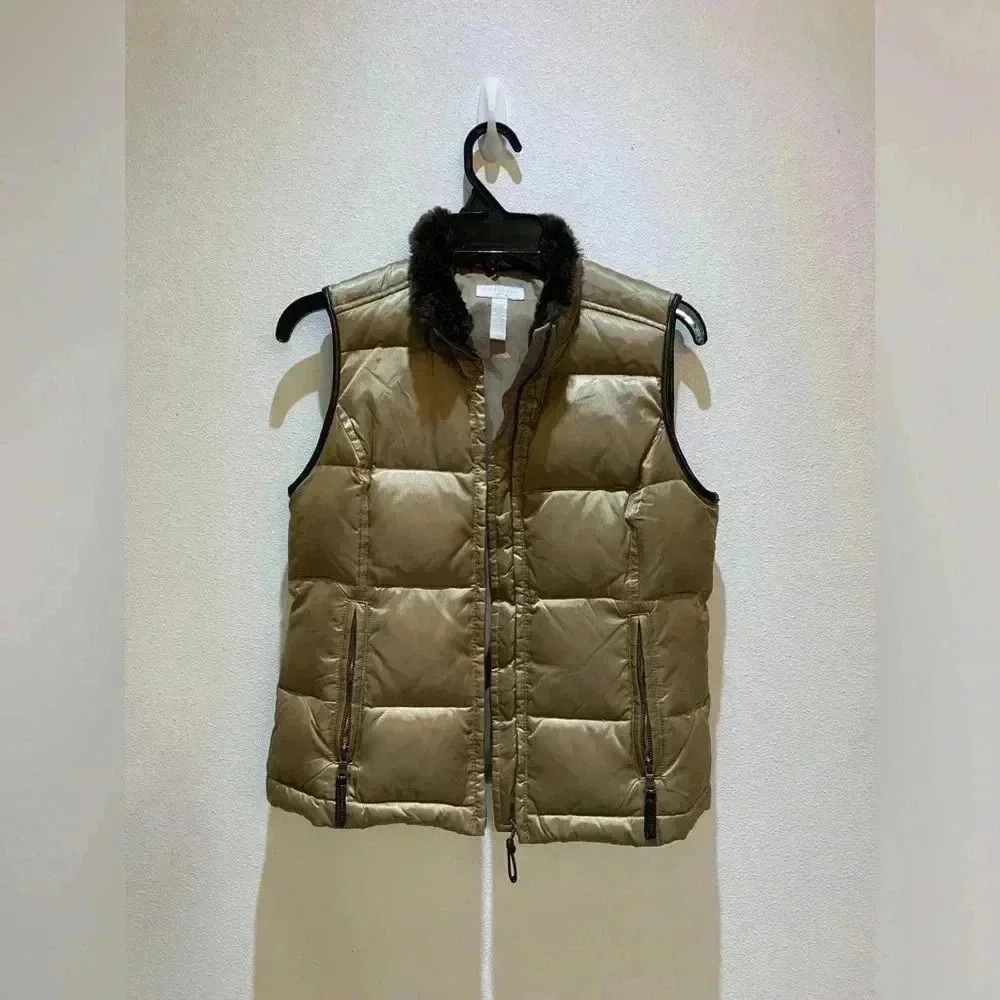 Charter Club Petite Women's Puffer Vest Faux Fur Collar Full Zip Brown Size P/P